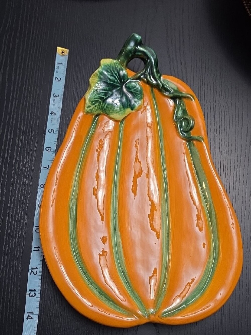 Festive Orange Ceramic Pumpkin Serving Platter with Green Accent - Picture 6 of 10